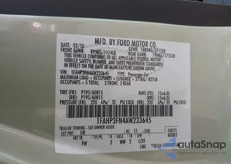 2010 Ford Focus Se from USA, damaged, VIN 1FAHP3FN4AW233645